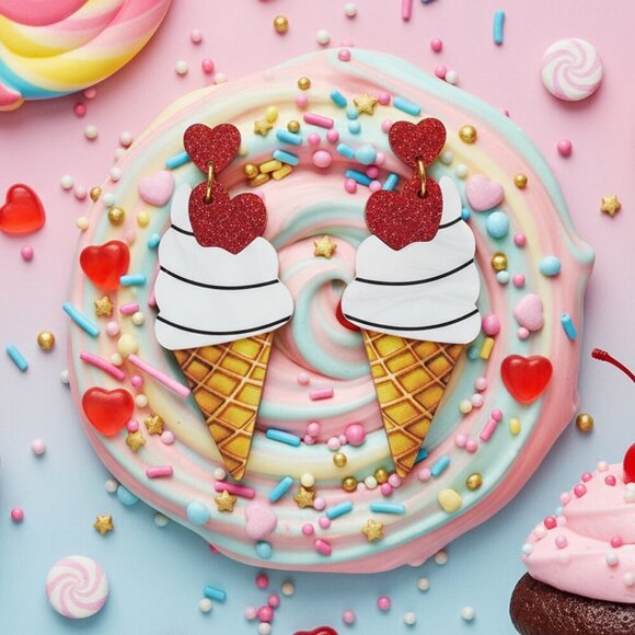 🆕️ Adorable Ice Cream Cone Drop Earrings with Glitter Hearts Fun & Trendy - Picture 9 of 16